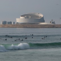 Cruise terminal of Porto with a lot of surfers